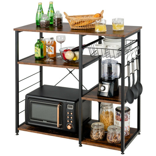Industrial Kitchen Baker's Rack Microwave Shelf with 6 Hooks-Walnut
