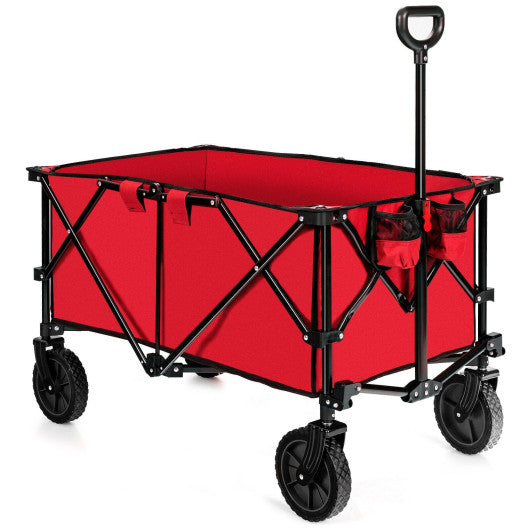 Outdoor Folding Wagon Cart with Adjustable Handle and Universal Wheels-Red