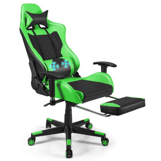 PU Leather Gaming Chair with USB Massage Lumbar Pillow and Footrest-Green