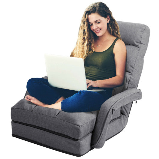 Folding Lazy Floor Chair Sofa with Armrests and Pillow-Gray