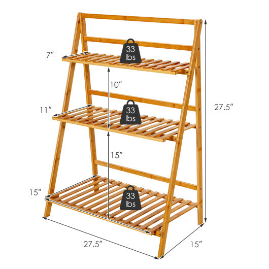 3-Tier Bamboo Foldable Plant Stand with Display Shelf Rack-Natural