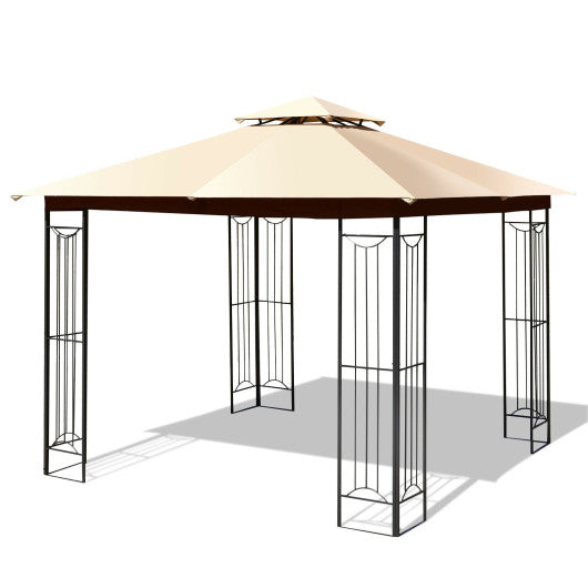 10 x 10 Feet L-Shaped Patio Canopy Gazebo Outdoor 2-Tier Steel Tent-Beige