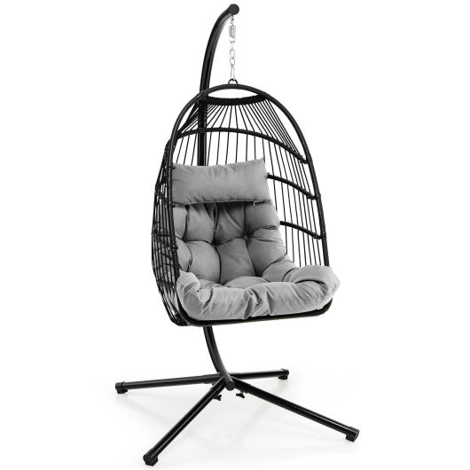 Patio Hanging Egg Chair with Stand Waterproof Cover and Folding Basket-Gray