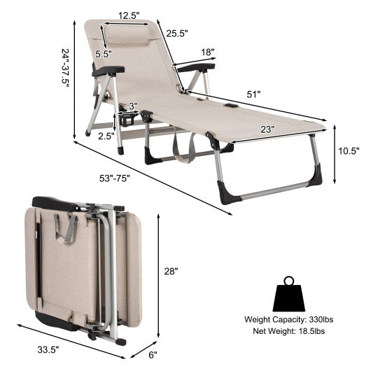 Beach Folding Chaise Lounge Recliner with 7 Adjustable Position-Beige