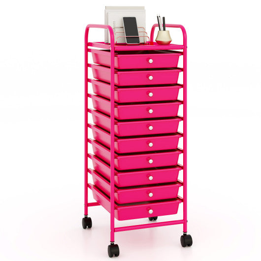 10 Drawer Rolling Storage Cart Organizer with 4 Universal Casters-Pink