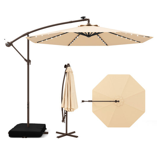 10 Feet Cantilever Umbrella with 32 LED Lights and Solar Panel Batteries-Beige