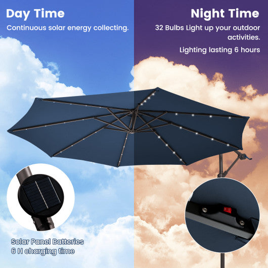 10 Feet Cantilever Umbrella with 32 LED Lights and Solar Panel Batteries-Navy