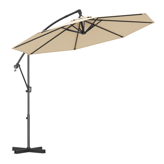 10 Feet Offset Hanging Umbrella with Base and Infinite Tilt-Beige