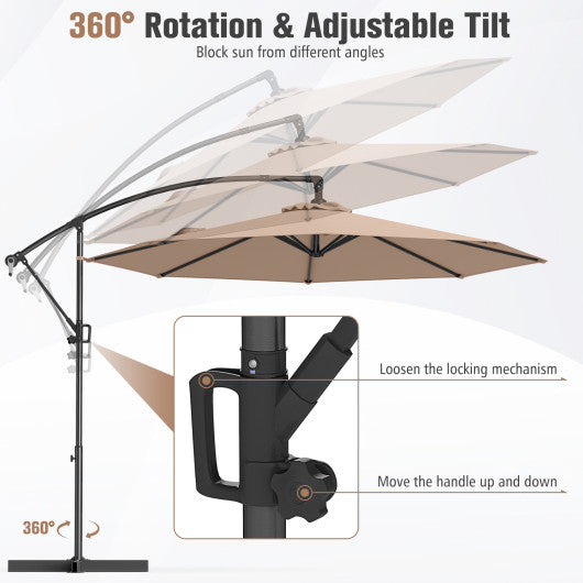 10 Feet Offset Hanging Umbrella with Base and Infinite Tilt-Coffee