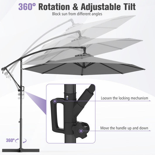 10 Feet Offset Hanging Umbrella with Base and Infinite Tilt-Gray