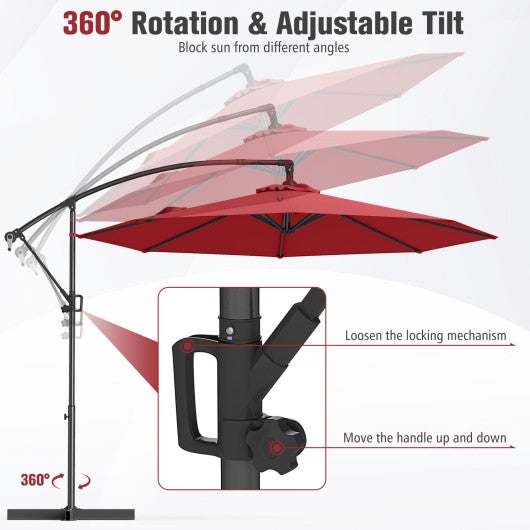 10 Feet Offset Hanging Umbrella with Base and Infinite Tilt-Wine