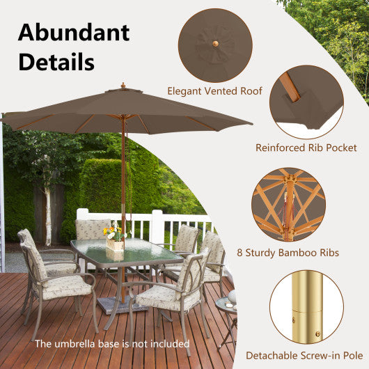 10 Feet Patio Umbrella with 8 Wooden Ribs and 3 Adjustable Heights-Brown