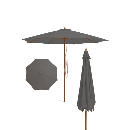 10 Feet Patio Umbrella with 8 Wooden Ribs and 3 Adjustable Heights-Gray