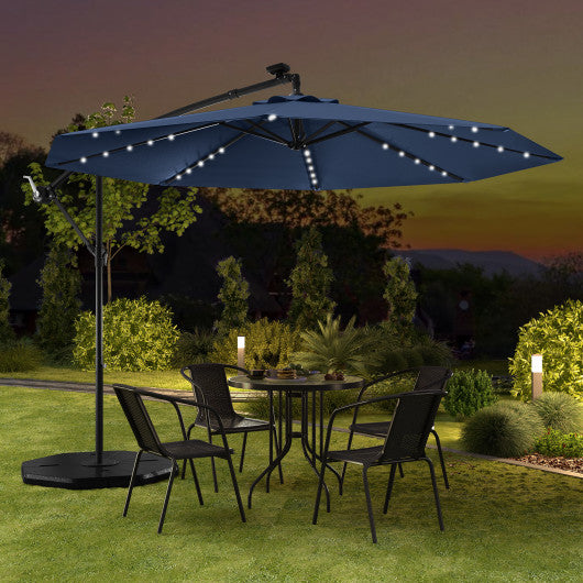 10 Feet Solar LED Offset Umbrella with 40 Lights and Cross Base for Patio-Blue