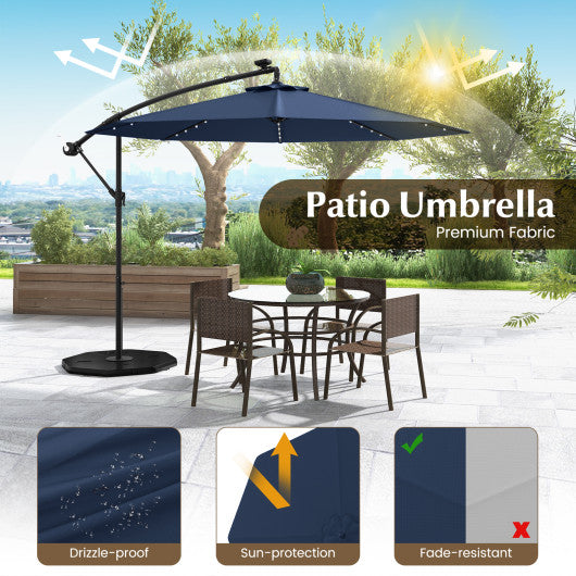 10 Feet Solar LED Offset Umbrella with 40 Lights and Cross Base for Patio-Blue