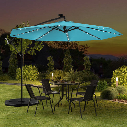 10 Feet Solar LED Offset Umbrella with 40 Lights and Cross Base for Patio-Turquoise