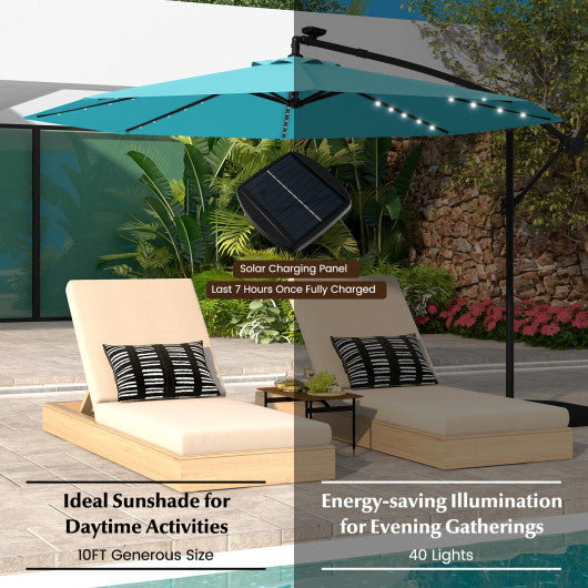 10 Feet Solar LED Offset Umbrella with 40 Lights and Cross Base for Patio-Turquoise