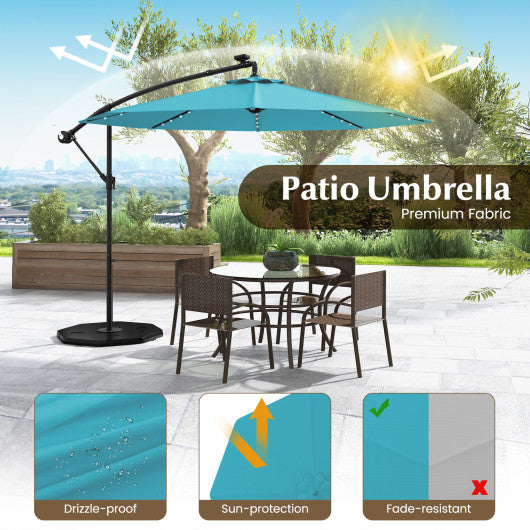 10 Feet Solar LED Offset Umbrella with 40 Lights and Cross Base for Patio-Turquoise