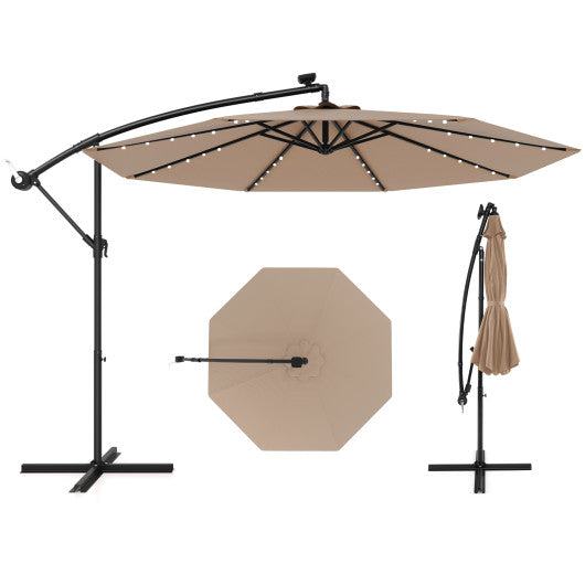 10 Feet Solar Offset Hanging Umbrella with 40 Lamp Beads and Solar Panel-Tan