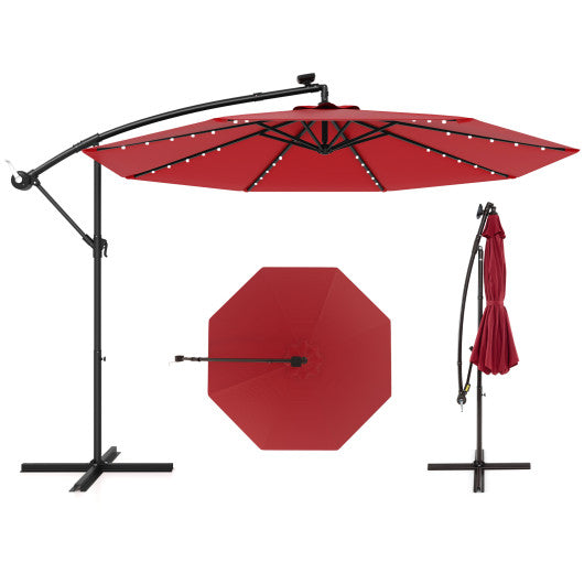 10 Feet Solar Offset Hanging Umbrella with 40 Lamp Beads and Solar Panel-Wine