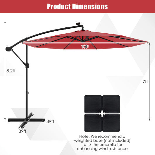 10 Feet Solar Offset Hanging Umbrella with 40 Lamp Beads and Solar Panel-Wine