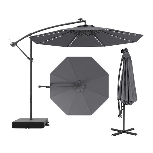 10 Ft Patio Umbrella Offset Cantilever Umbrella with 40 Solar Powered Lights-Gray
