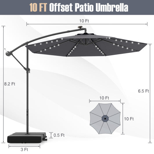 10 Ft Patio Umbrella Offset Cantilever Umbrella with 40 Solar Powered Lights-Gray