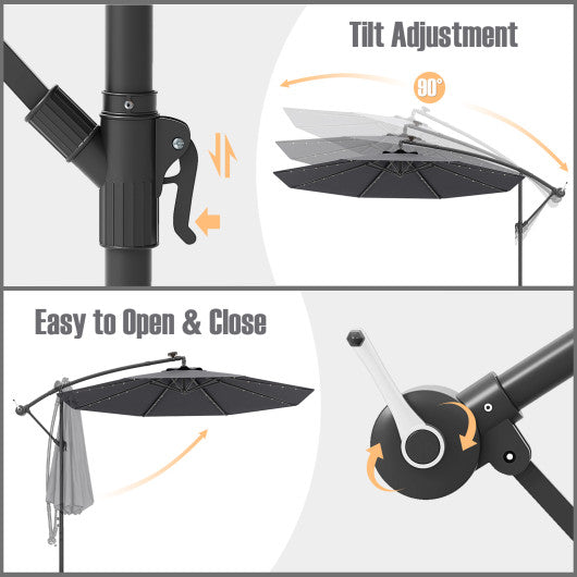 10 Ft Patio Umbrella Offset Cantilever Umbrella with 40 Solar Powered Lights-Gray