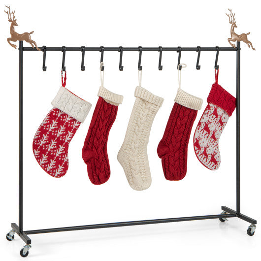 10-Hook Christmas Stocking Holder Stand on Wheels Freestanding Rack-Black