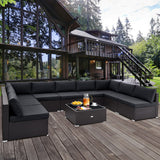 10 Piece Outdoor Wicker Conversation Set with Seat and Back Cushions-Black