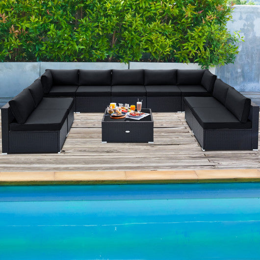 10 Piece Outdoor Wicker Conversation Set with Seat and Back Cushions-Black