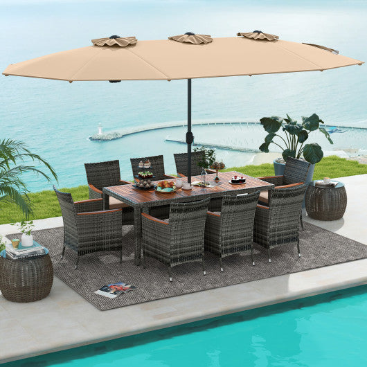10 Pieces Patio Wicker Dining Set with 15 Feet Double-Sided Patio Umbrella-Brown