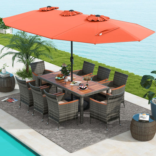 10 Pieces Patio Wicker Dining Set with 15 Feet Double-Sided Patio Umbrella-Orange