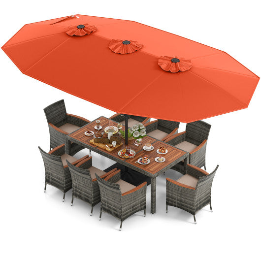 10 Pieces Patio Wicker Dining Set with 15 Feet Double-Sided Patio Umbrella-Orange