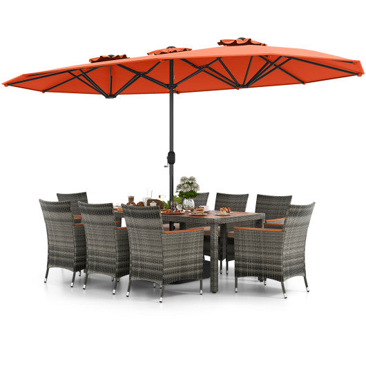 10 Pieces Patio Wicker Dining Set with 15 Feet Double-Sided Patio Umbrella-Orange