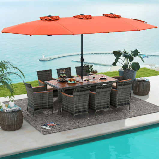 10 Pieces Patio Wicker Dining Set with 15 Feet Double-Sided Patio Umbrella-Orange