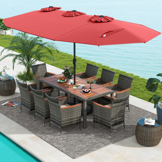 10 Pieces Patio Wicker Dining Set with 15 Feet Double-Sided Patio Umbrella-Red