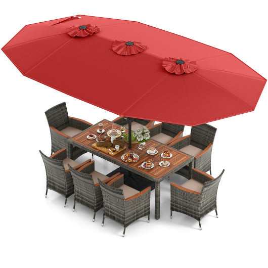 10 Pieces Patio Wicker Dining Set with 15 Feet Double-Sided Patio Umbrella-Red