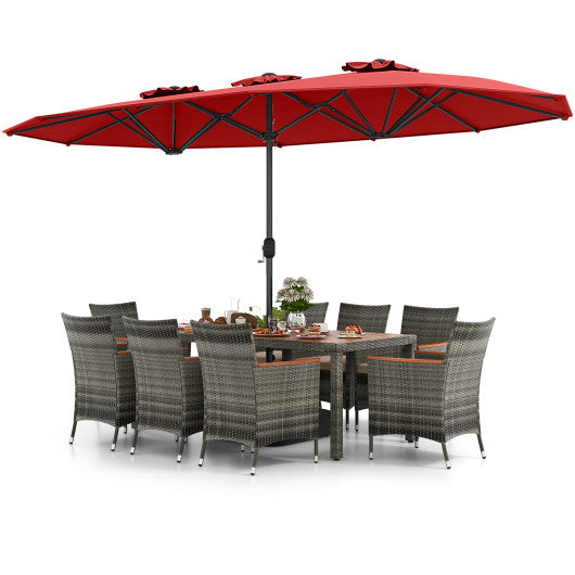 10 Pieces Patio Wicker Dining Set with 15 Feet Double-Sided Patio Umbrella-Red
