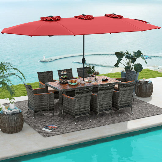 10 Pieces Patio Wicker Dining Set with 15 Feet Double-Sided Patio Umbrella-Red