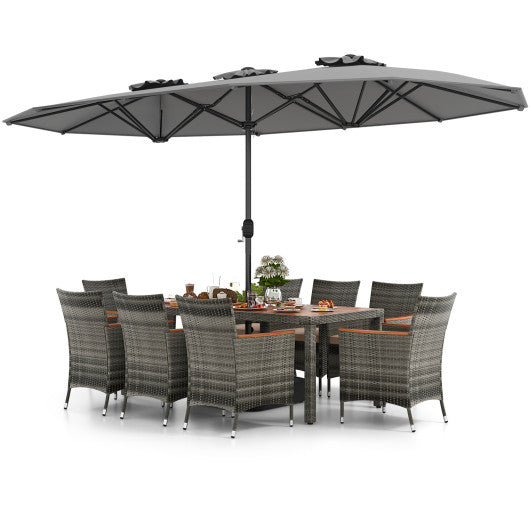 10 Pieces Patio Wicker Dining Set with 15 Feet Double-Sided Patio Umbrella-Gray
