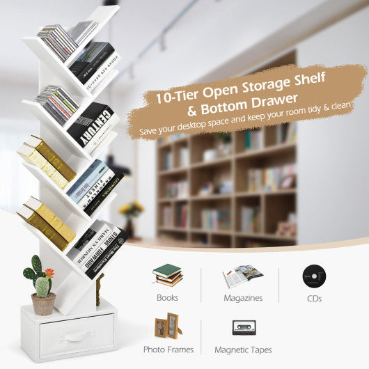 10-Tier Bookshelf with Drawer Free-standing Storage Bookcase-White