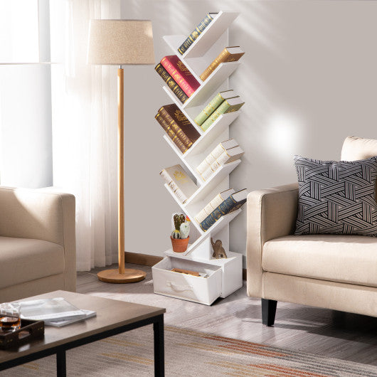 10-Tier Bookshelf with Drawer Free-standing Storage Bookcase-White