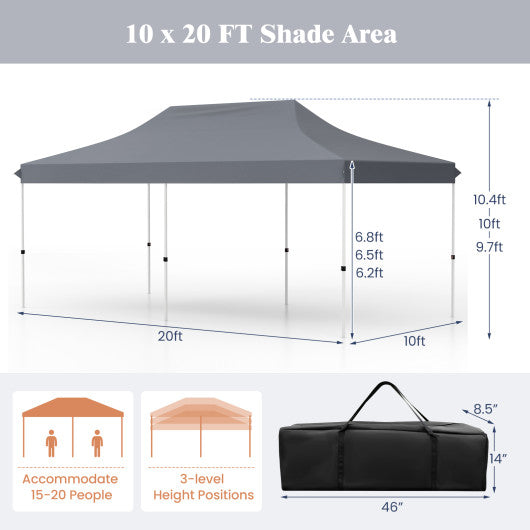 10 X 20 FT Pop up Canopy Tent Foldable Portable Outdoor Gazebo with Carry Bag-Gray
