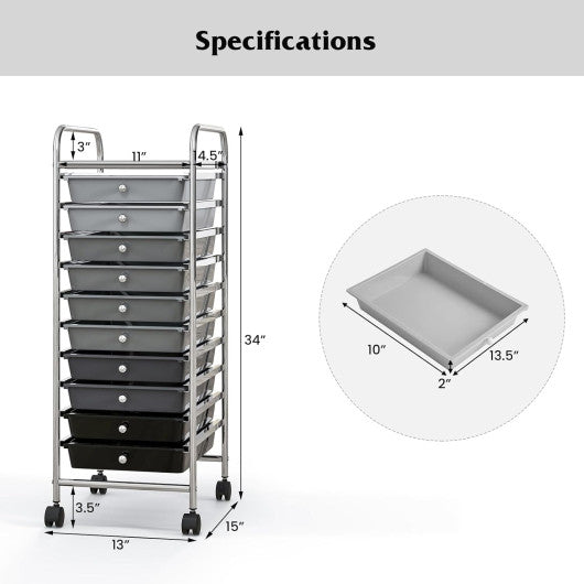 10 Drawer Rolling Storage Cart Organizer with 4 Universal Casters-Gradient Gray