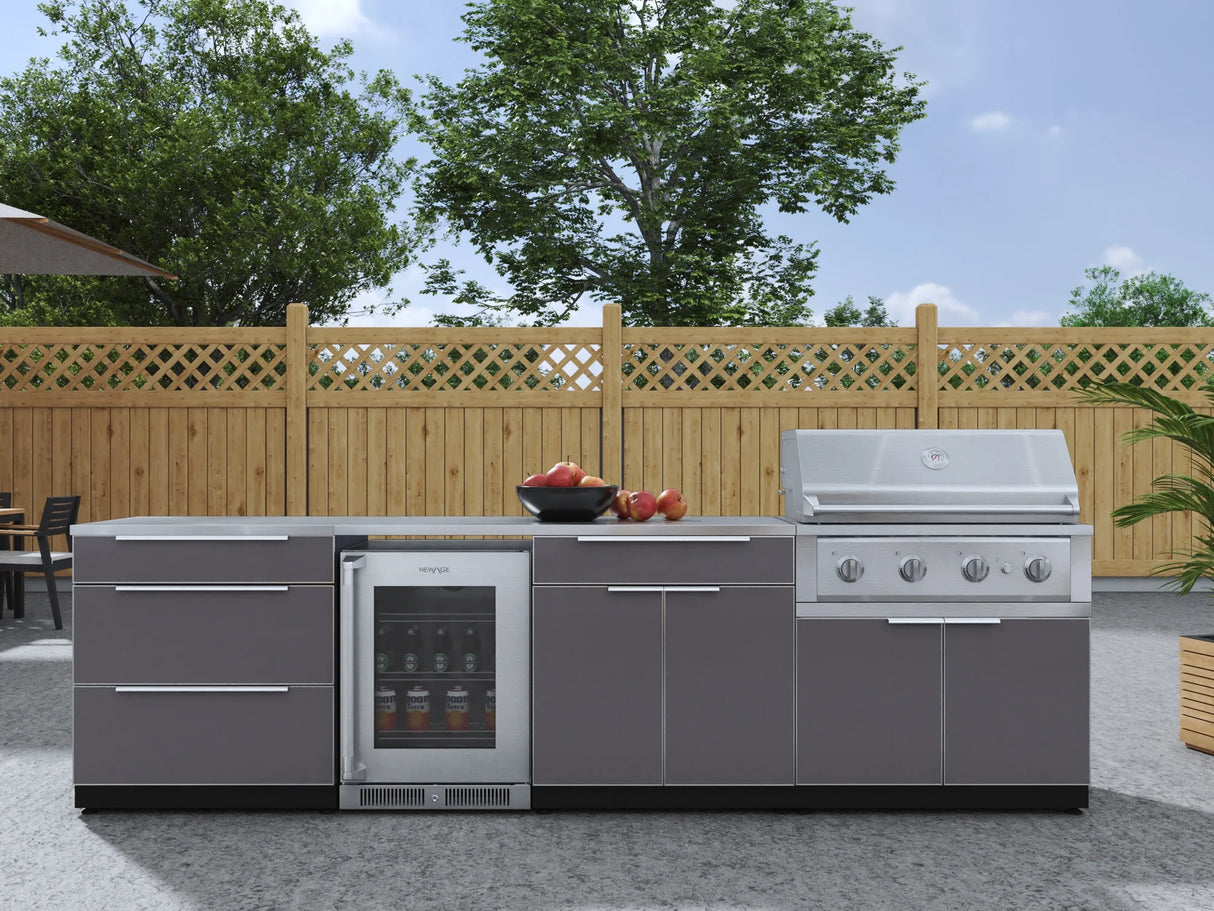 Outdoor Kitchen Aluminum 7 Piece Cabinet Set with 3-Drawer, Bar, Grill Cabinet, Performance Grill, Countertops and Glass Door Fridge