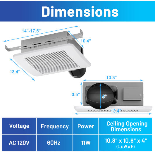 50/80/110 CFM Ceiling Mount Bathroom Fan with Pick-A-Flow and 4 Inches Duct