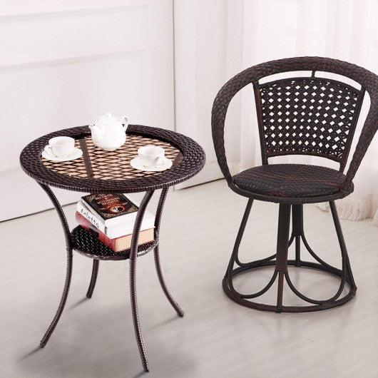 Round Rattan Wicker Coffee Table with Lower Shelf