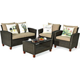 4 Pieces Patio Rattan Furniture Set with Cushions