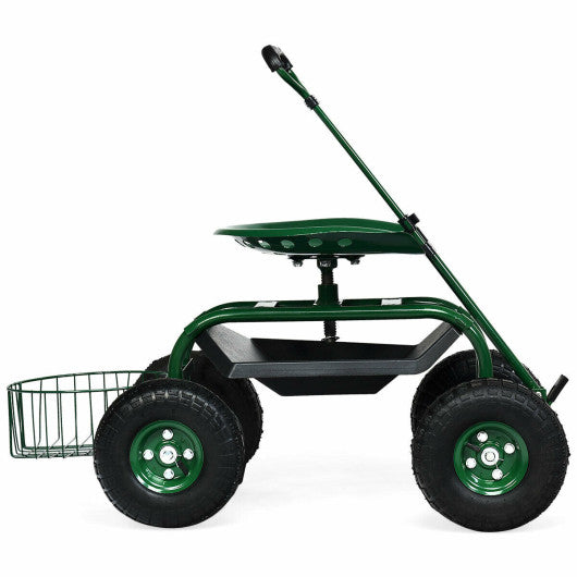 Heavy Duty Garden Cart with Tool Tray and 360 Swivel Seat-Green